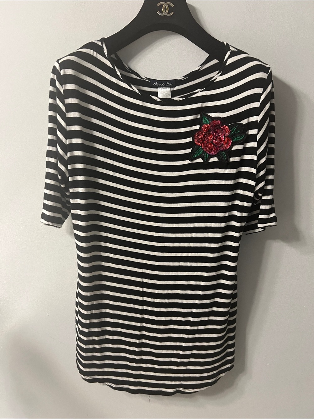 Olive Blu Black & White Striped Short Sleeve Tee with Red Rose Patch